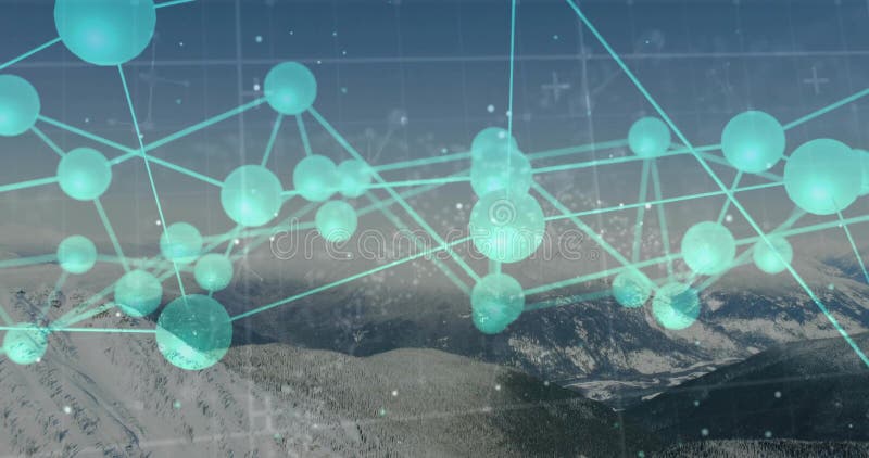Digital network hovering over snowy mountains, linking glowing teal spheres with connecting lines royalty free illustration