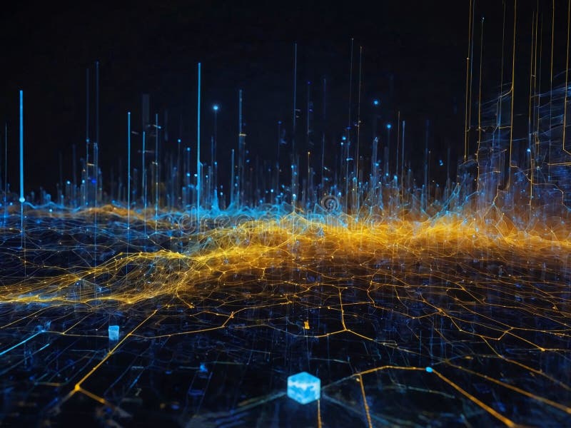 Digital network visualization as futuristic landscape (Generative AI). Digital network visualization as futuristic landscape with a complex network of interconnected lines and nodes visualizing data flow (Generative AI)