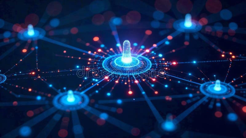 Digital network visualization shows connections and data flow in tech stock photo