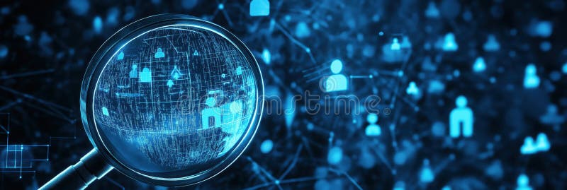 Digital networking and data search concept with magnifying glass highlighting user profiles. Networking profiles stock images, royalty-free photos and pictures