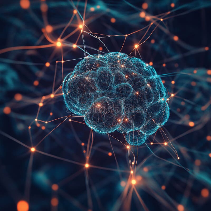 Digital neural network visualization depicting glowing connections in human brain royalty free stock image