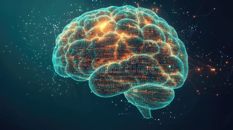 Digital neural network visualization with glowing connections and brain royalty free stock image