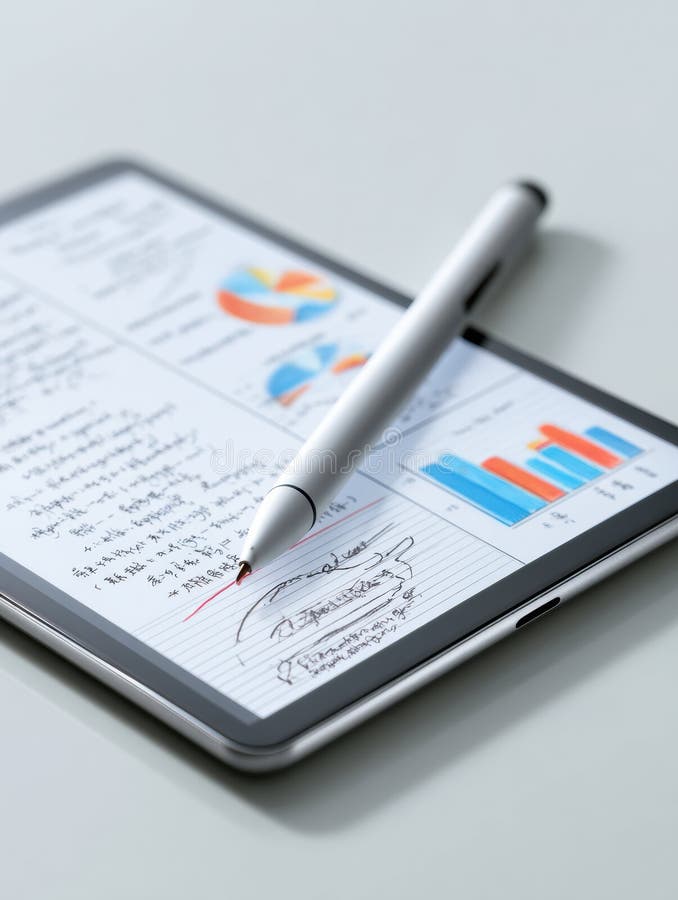 Stylus hovers over digital notepad showcasing organized study progress, graphs, and annotations during dedicated learning time. Annotations ai stock images, royalty-free photos and pictures