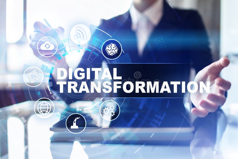 Digital omformning, begrepp av digitization av affärsprocessar och modern teknologi royaltyfri bild