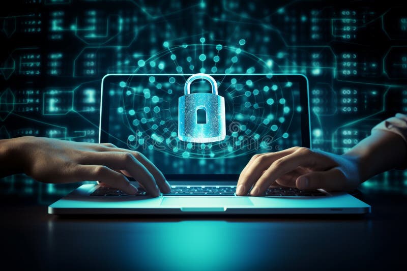 Digital padlock in front of a laptop computer as concept for cyber security and data protection vector illustration