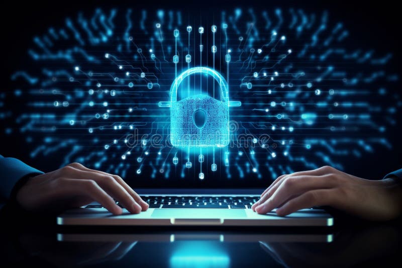 Digital padlock in front of a laptop computer as concept for cyber security and data protection stock illustration