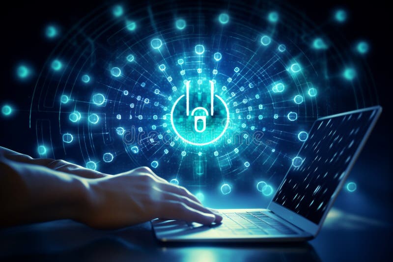 Digital padlock in front of a laptop computer as concept for cyber security and data protection vector illustration