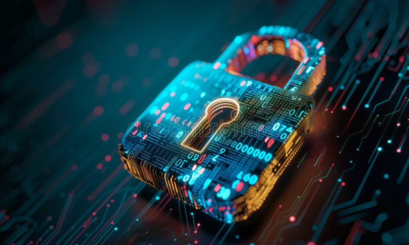 Digital padlock on a futuristic circuit board background stock illustration