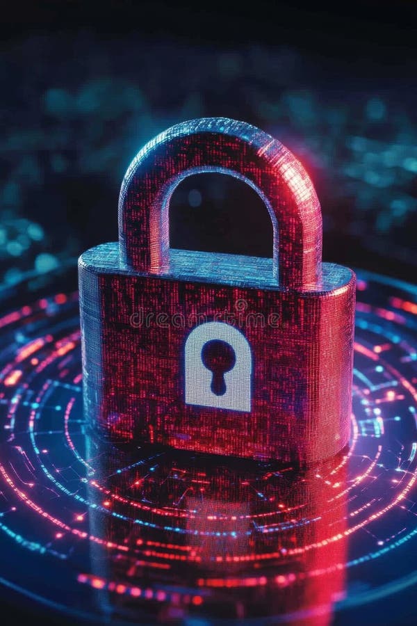 Digital padlock standing on circuit board protecting data vector illustration