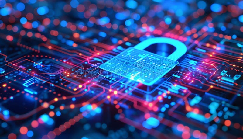 Digital padlock on a vibrant circuit board surface, symbolizing cybersecurity. stock photo