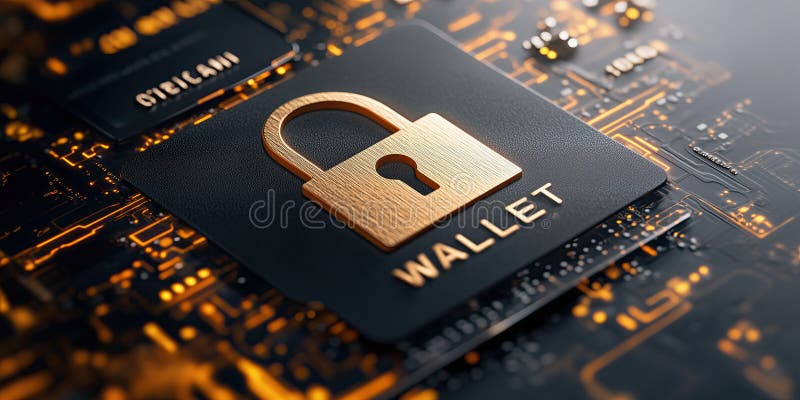 Digital padlock, wallet, security, payment, technology, glowing circuit board, futuristic vector illustration