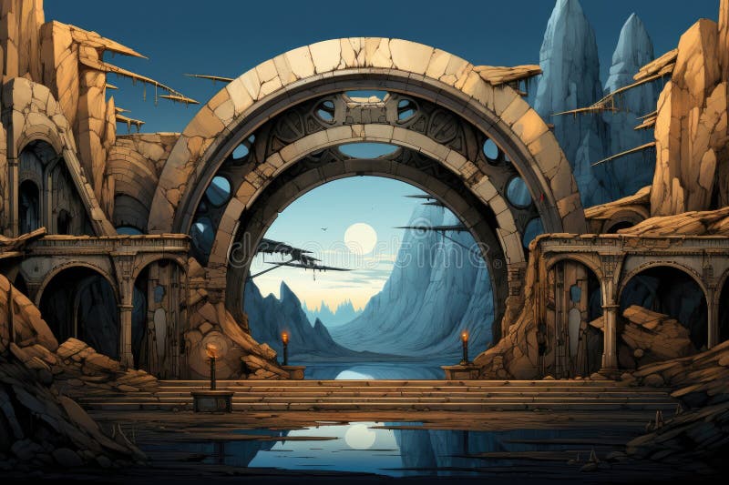 A digital painting of a cave with a dragon flying over it. royalty free illustration