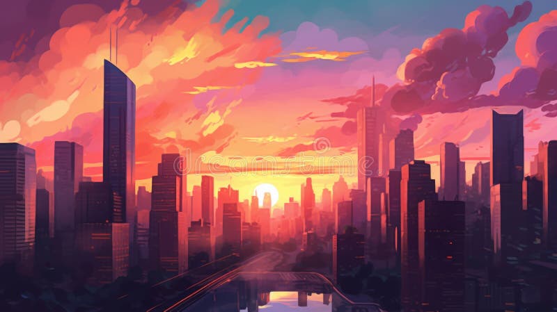 A Digital Painting of a City at Sunset. Generative AI Image. Stock ...