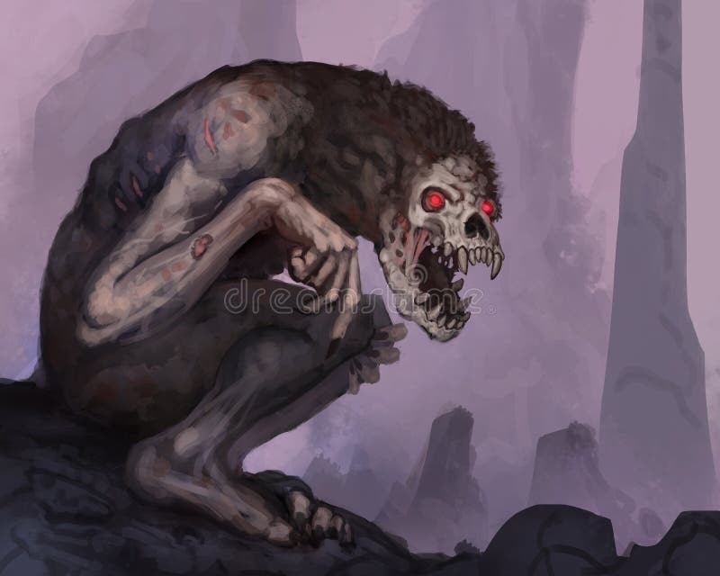 Digital painting of a creepy demon creature in an underground cave with glowing red eyes - digital fantasy illustration