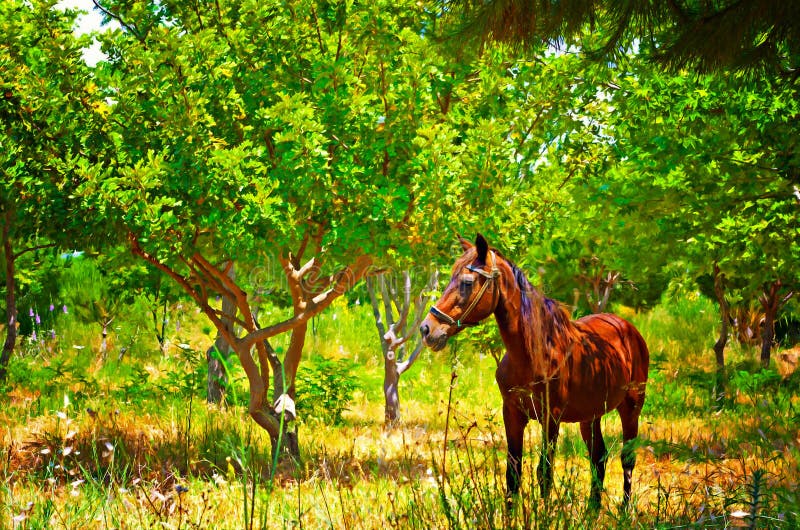 Digital painting of a horse out grazing in a field