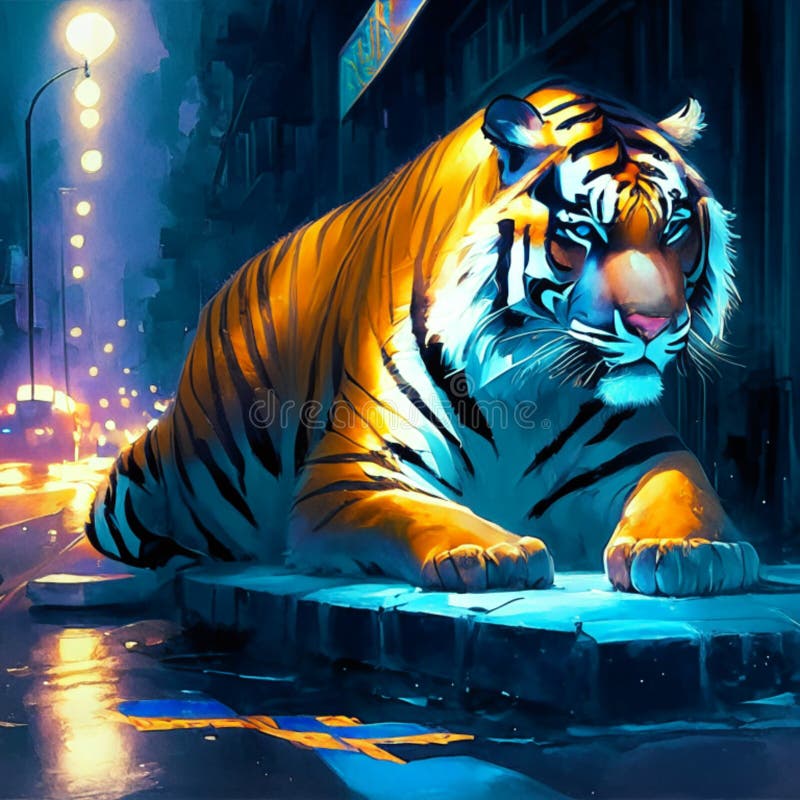 Tiger in the rain. 3D rendering. Digital painting., Ai Generative