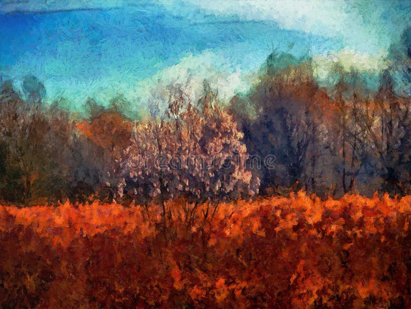 Digital Painting of a Tree in the Dry Grass Stock Illustration