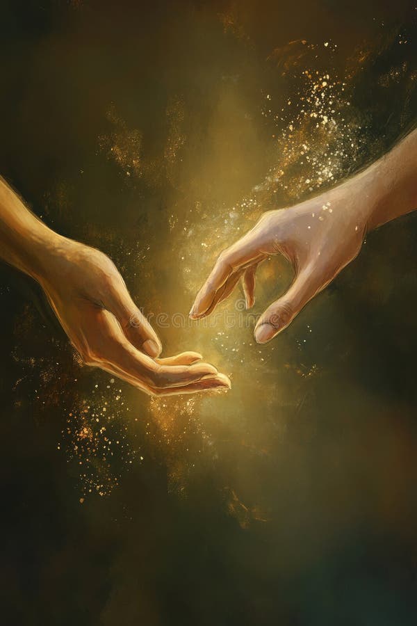 A digital painting of two hands reaching toward each other in a gentle gesture of support stock image