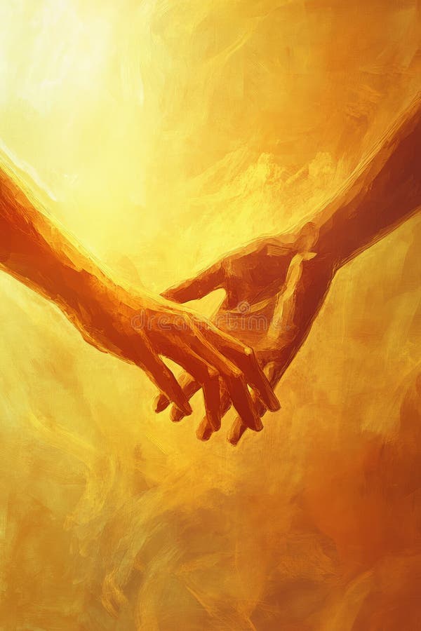 A digital painting of two hands reaching toward each other in a gentle gesture of support stock photos