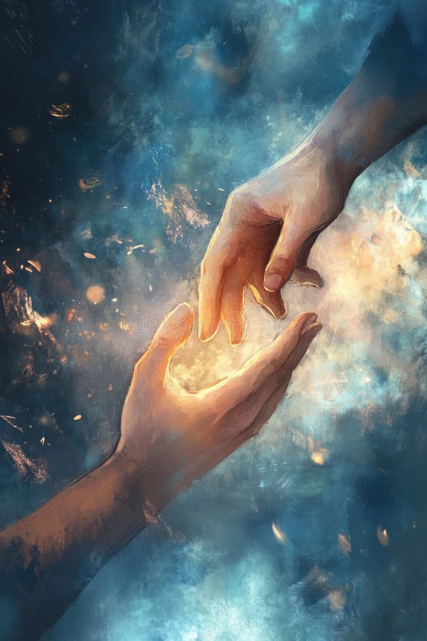 A digital painting of two hands reaching toward each other in a gentle gesture of support stock photos