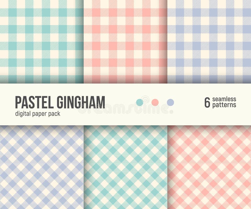 Digital paper pack, set of 6 abstract seamless patterns. Abstract geometric backgrounds. Vector illustration. Traditional classic Gingham tablecloth pattern, pale pastel colors blush pink, teal, blue. Digital paper pack, set of 6 abstract seamless patterns. Abstract geometric backgrounds. Vector illustration. Traditional classic Gingham tablecloth pattern, pale pastel colors blush pink, teal, blue