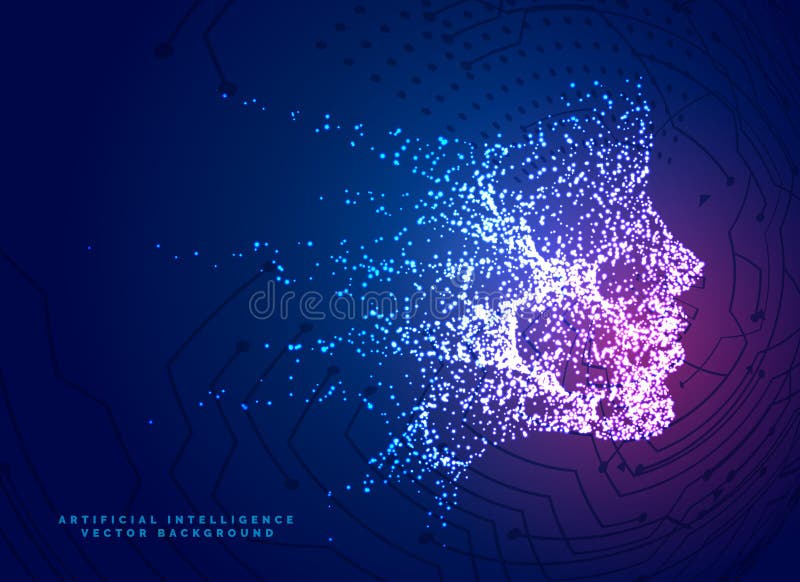Digital particle face technology concept background for artificial intelligence and machine learning stock illustration