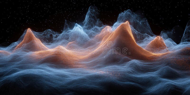 Digital Particle Waveform Landscape with Stars in Background Illustrating Technology Concept stock illustration
