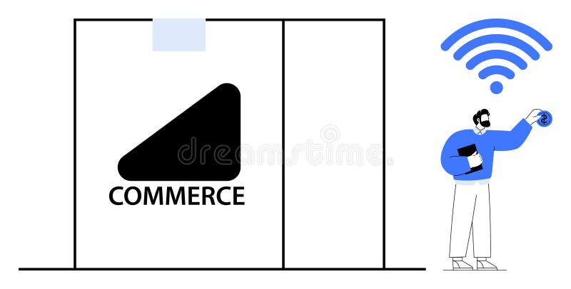 Man completing a digital payment outside a store using technology. Ideal for e-commerce, digital payment, tech innovation, retail, connectivity, mobile solutions, modern business. A simple flat. Tech store illustrations