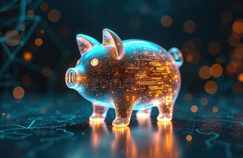 Digital piggy bank glows with intricate tech circuit patterns. Sits on network base, reflecting light brightly. Modern finance royalty free illustration