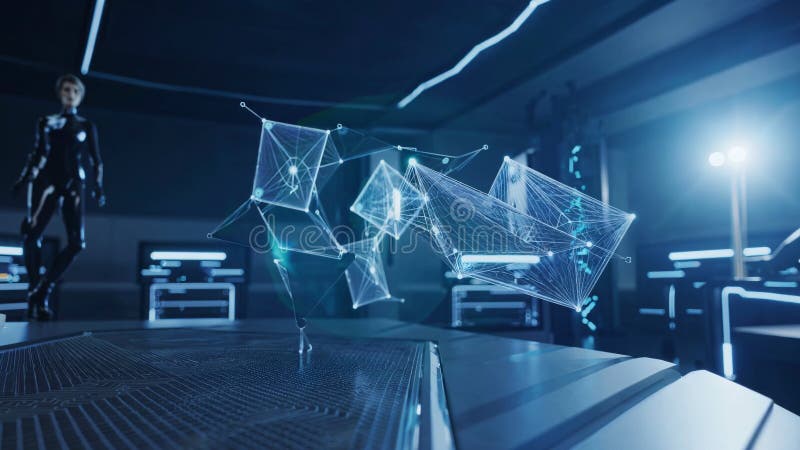 Digital plexus animation rotating inside advanced server room, revealing intricate network connections with technician stock illustration