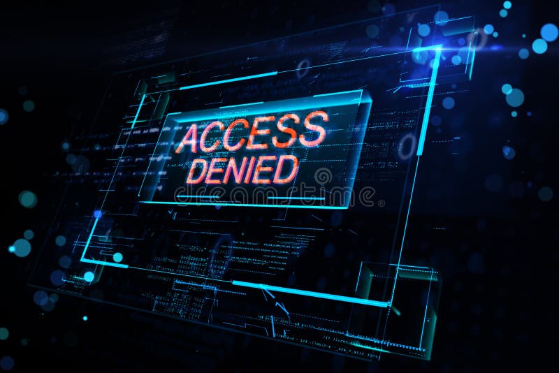 Digital red glowing access denied sign in virtual blue glowing frame on abstract background. stock illustration