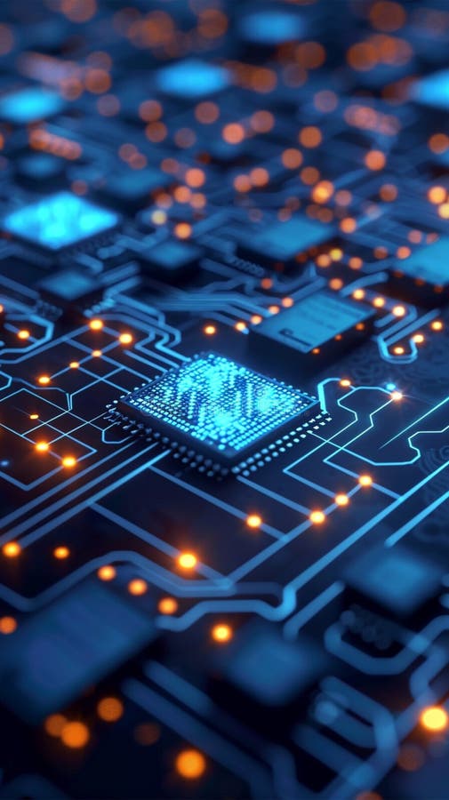 Digital rendering, abstract circuit board, blue technology background, 3D royalty free illustration