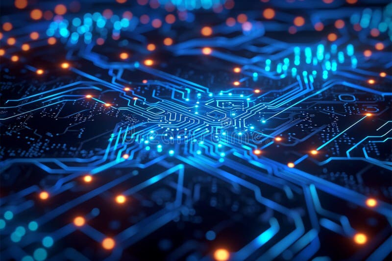 Digital rendering, abstract circuit board, blue technology background, 3D vector illustration