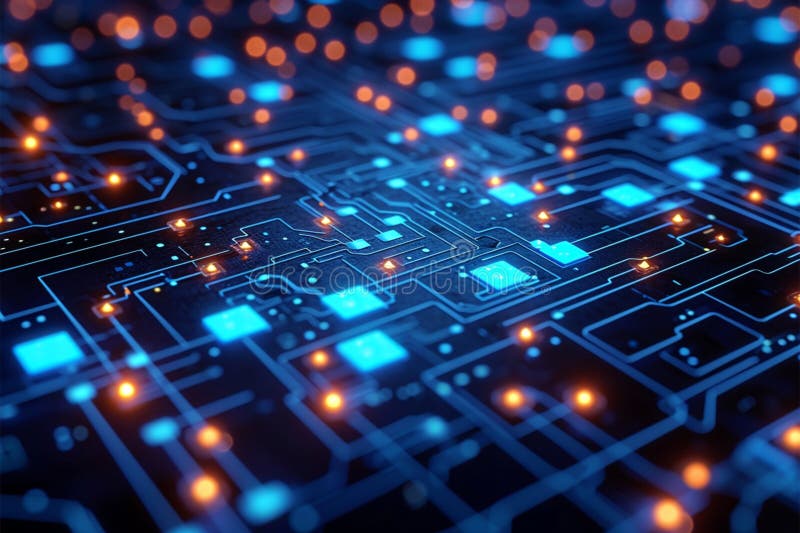 Digital rendering, abstract circuit board, blue technology background, 3D vector illustration
