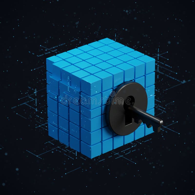 A digital rendering of a blue cube made of smaller cubic blocks set against a dark stock illustration