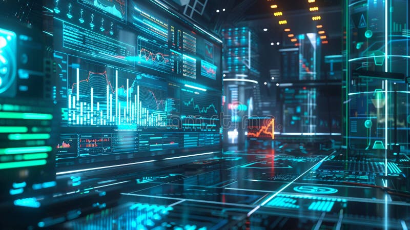 Holographic Financial Center. Futuristic finance hub concept royalty free illustration