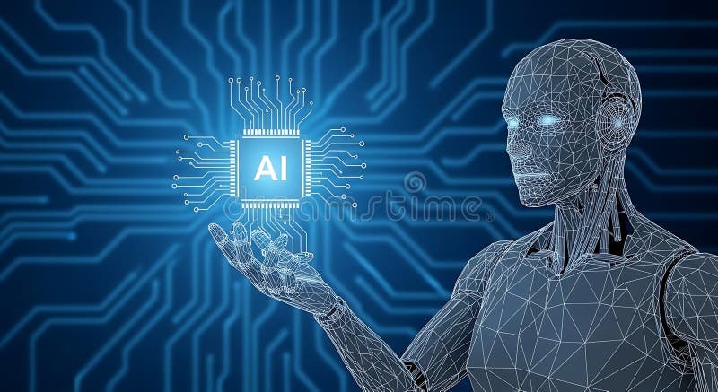 A digital rendering depicts a humanoid robot with a mesh pattern, extending its stock illustration