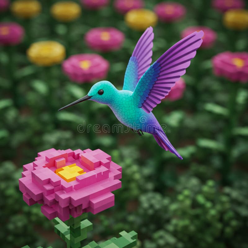A digital rendering depicts a pixelated hummingbird hovering near a stylized pink royalty free illustration