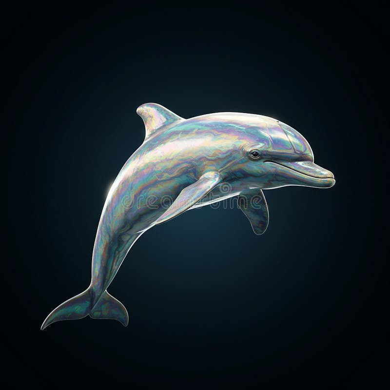 A digital rendering of a dolphin features a glossy, iridescent texture displaying a vector illustration