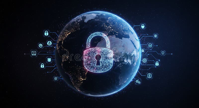 A digital rendering of Earth in space, featuring a large, translucent lock symbol vector illustration