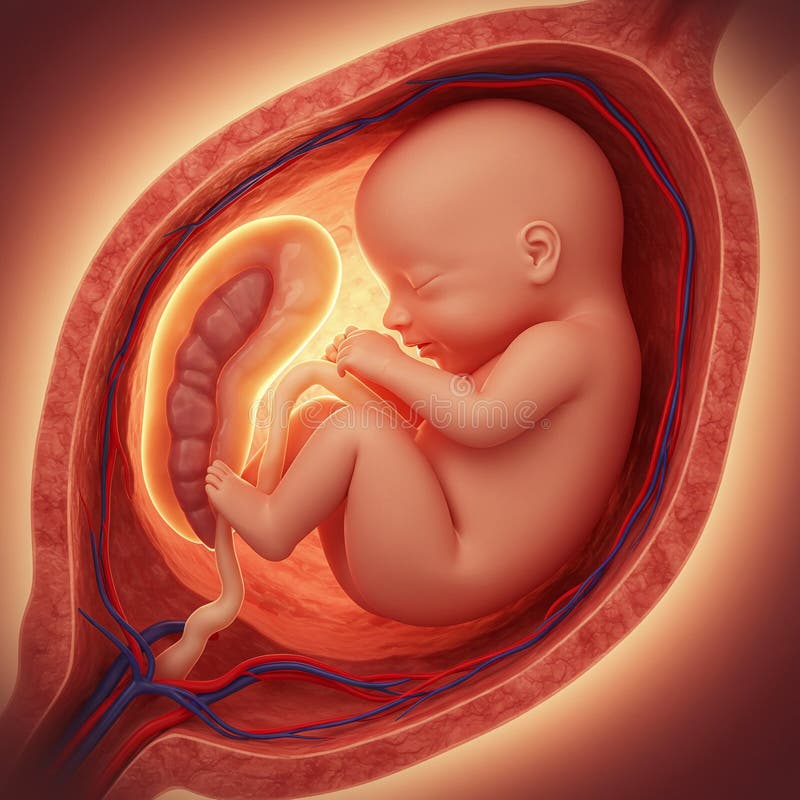 A digital rendering of a fetus developing inside a womb. The fetus, with a distinct stock illustration