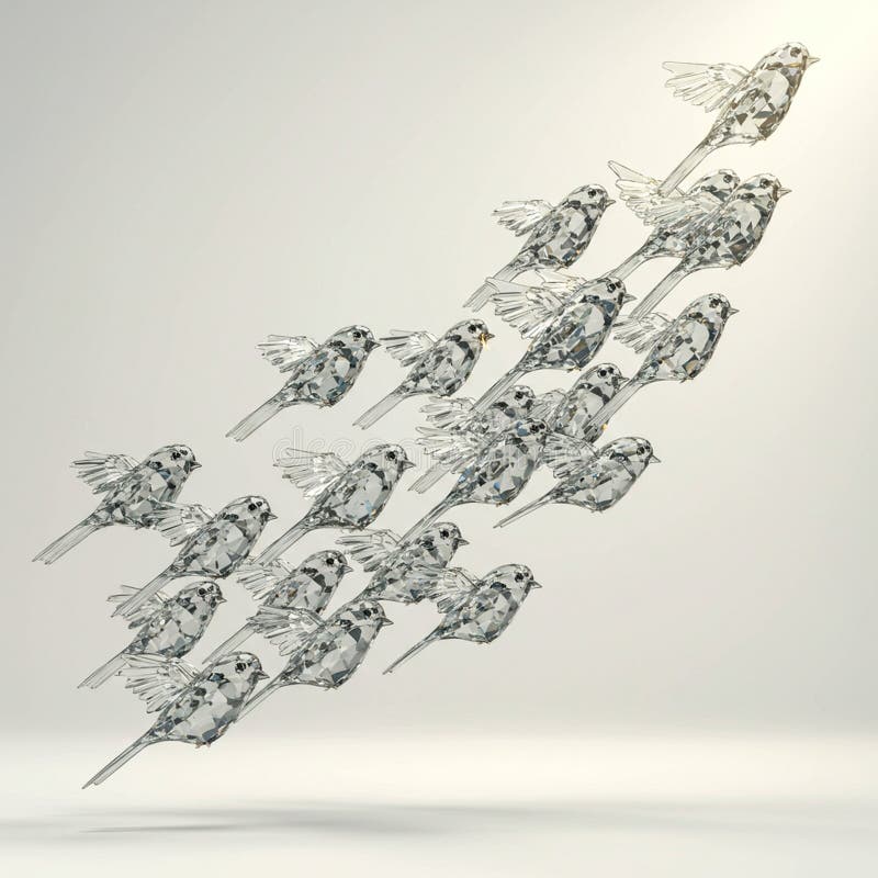 A digital rendering of a flock of transparent, glass-like birds, resembling sparrows royalty free illustration