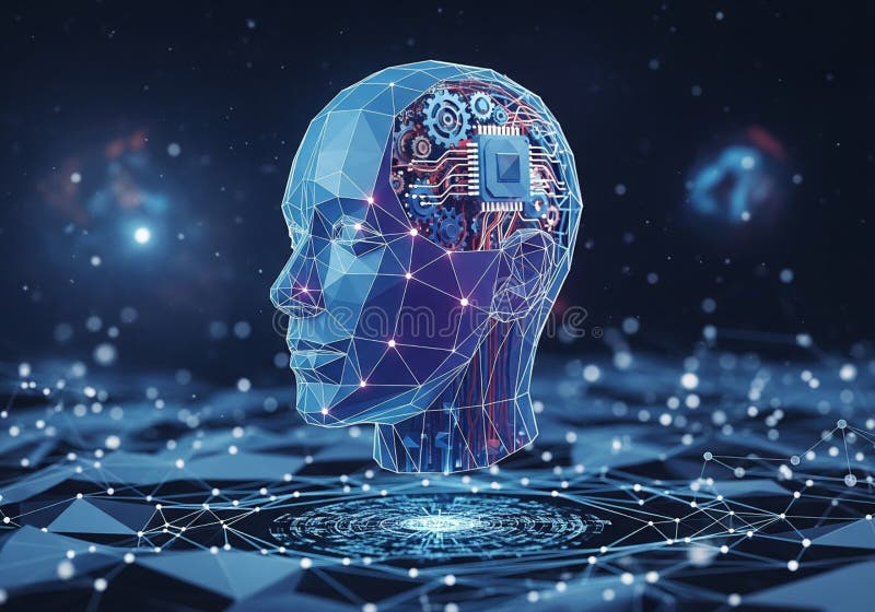 A futuristic human head made of interconnected blue polygons and stock illustration