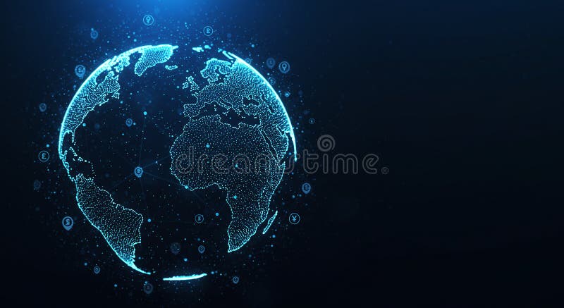 Digital rendering of a globe in a futuristic style, featuring a wireframe design stock illustration