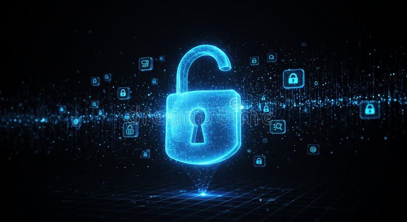 A digital rendering of a glowing blue open padlock hovers in a dark, abstract royalty free illustration