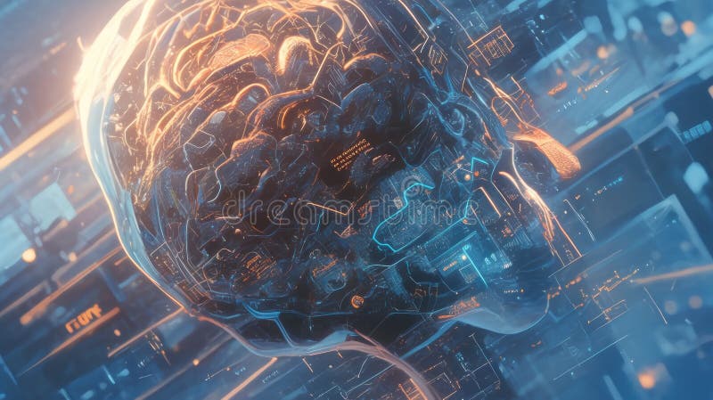 A digital rendering of a human brain with futuristic technology, illuminated by neon lights, representing artificial intelligence vector illustration