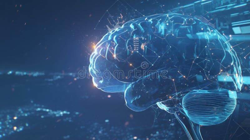 A digital rendering of a human brain, illuminated with glowing nodes and lines, representing the power of the mind royalty free illustration
