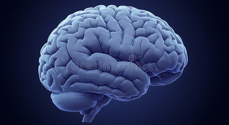 A digital rendering of a human brain is shown in lateral view. The brain is depicte vector illustration