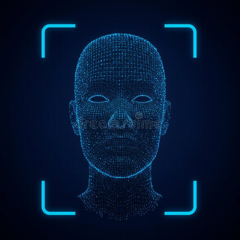 A digital rendering of a human face composed of blue wireframe mesh points on a vector illustration