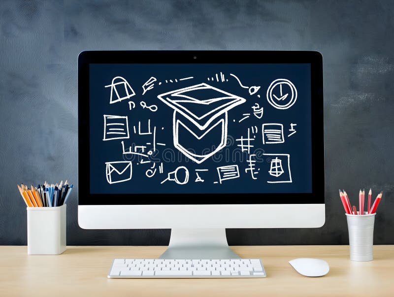 A digital rendering of a laptop with a graduation cap, a concept for learning and technology royalty free illustration